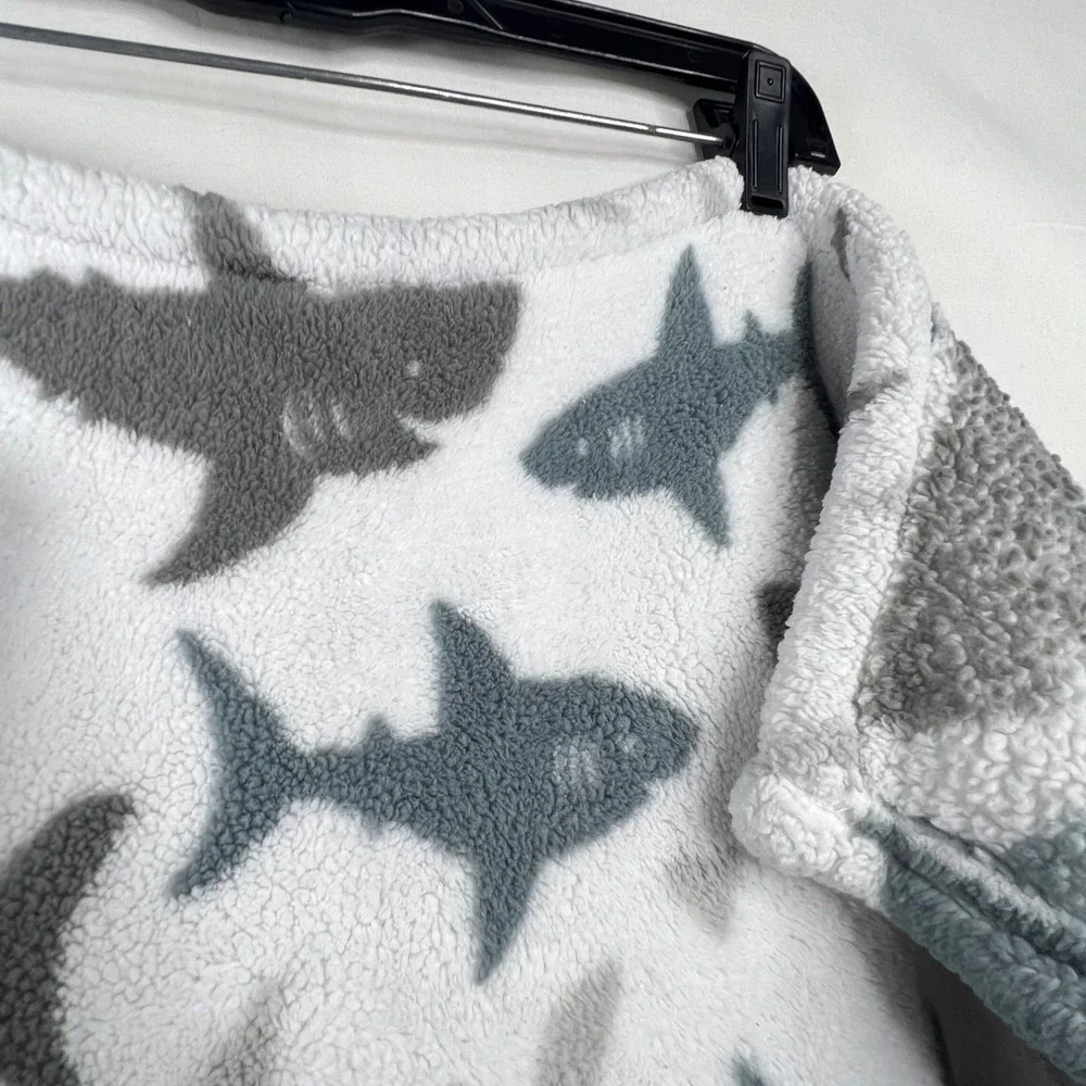 THRO Shark Baby Blanket 28x40 Loft Fleece Nursery Decor Gray White Monochrome